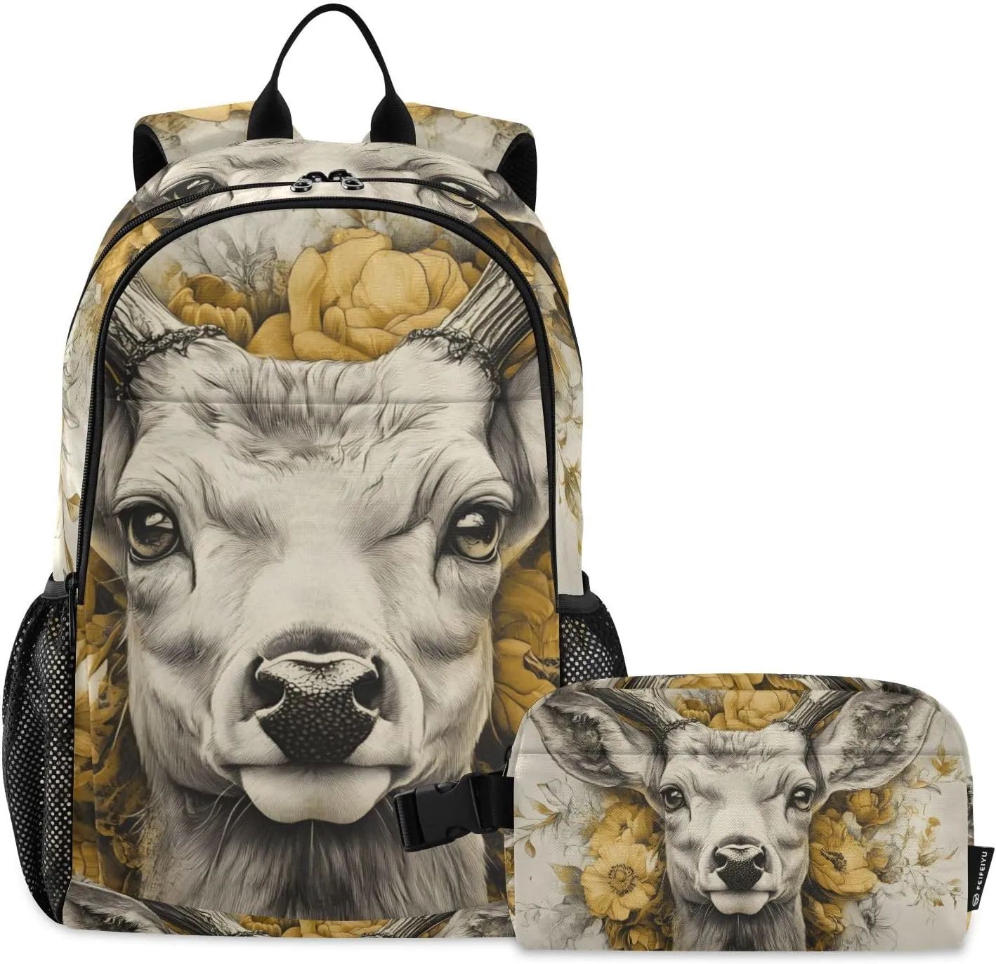 Backpack Elk Floral Gold for School Boys Girls and Teens, Backpack for Men and Women, Lightweight Bookbag with Lunch Box Travel Laptop Daypack 18.5 x 11.8 In