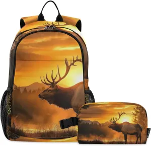 Backpack Elk Sunset Lake for School Boys Girls and Teens, Backpack for Men and Women, Lightweight Bookbag with Lunch Box Travel Laptop Daypack 18.5 x 11.8 In