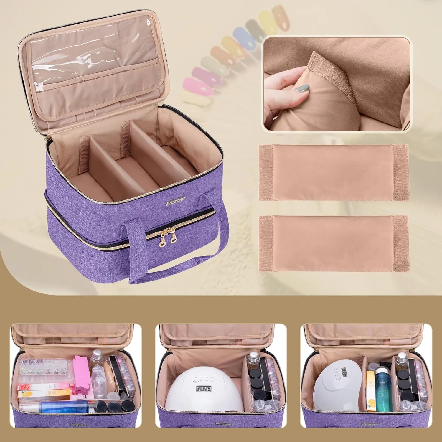 BAFASO Nail Polish Storage Holds 40 Bottles (15ml - 0.5 fl.oz) and a Nail Lamp, Nail Polish Carrying Case with Manicure Tools Sections (BAG ONLY), Purple