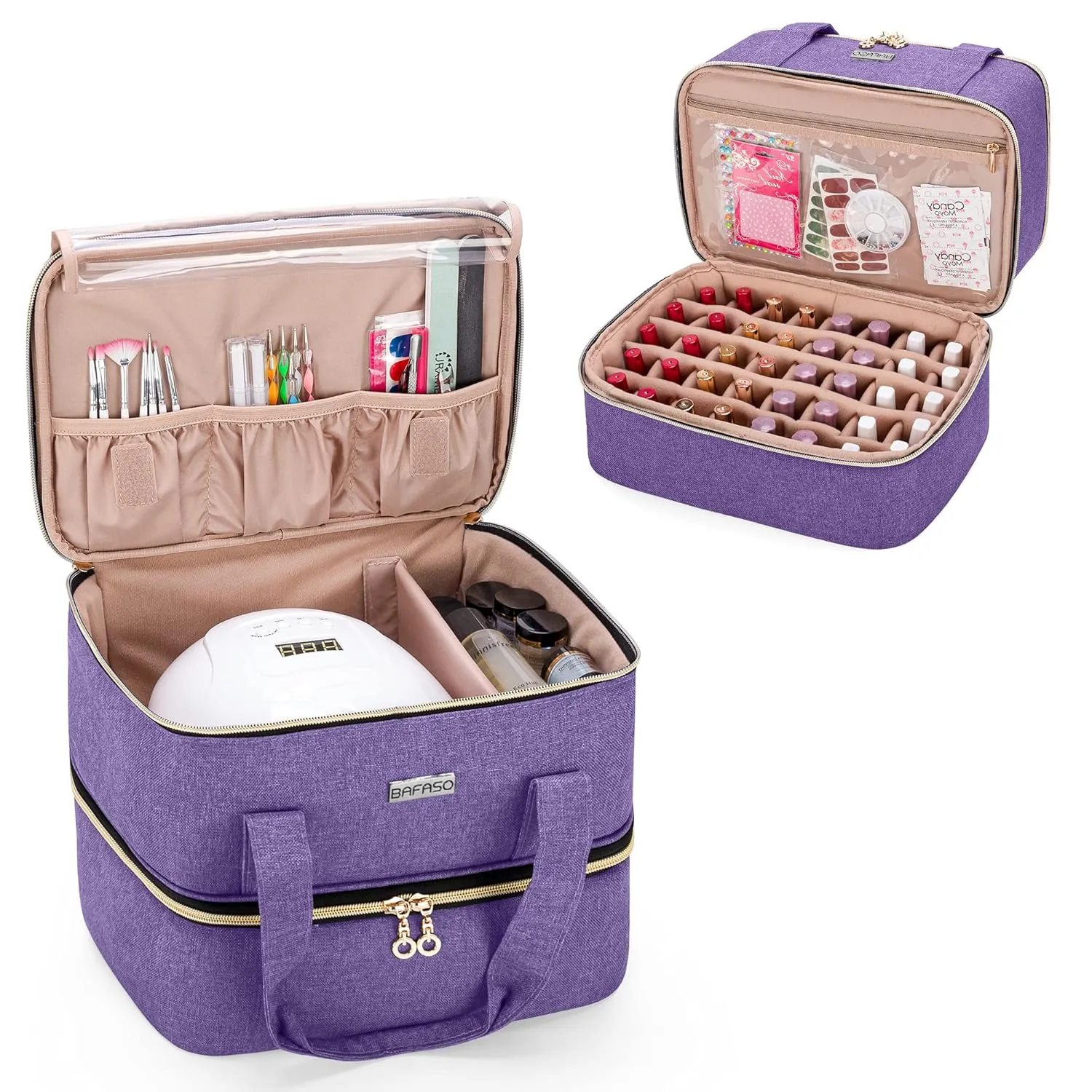 BAFASO Nail Polish Storage Holds 40 Bottles (15ml - 0.5 fl.oz) and a Nail Lamp, Nail Polish Carrying Case with Manicure Tools Sections (BAG ONLY), Purple
