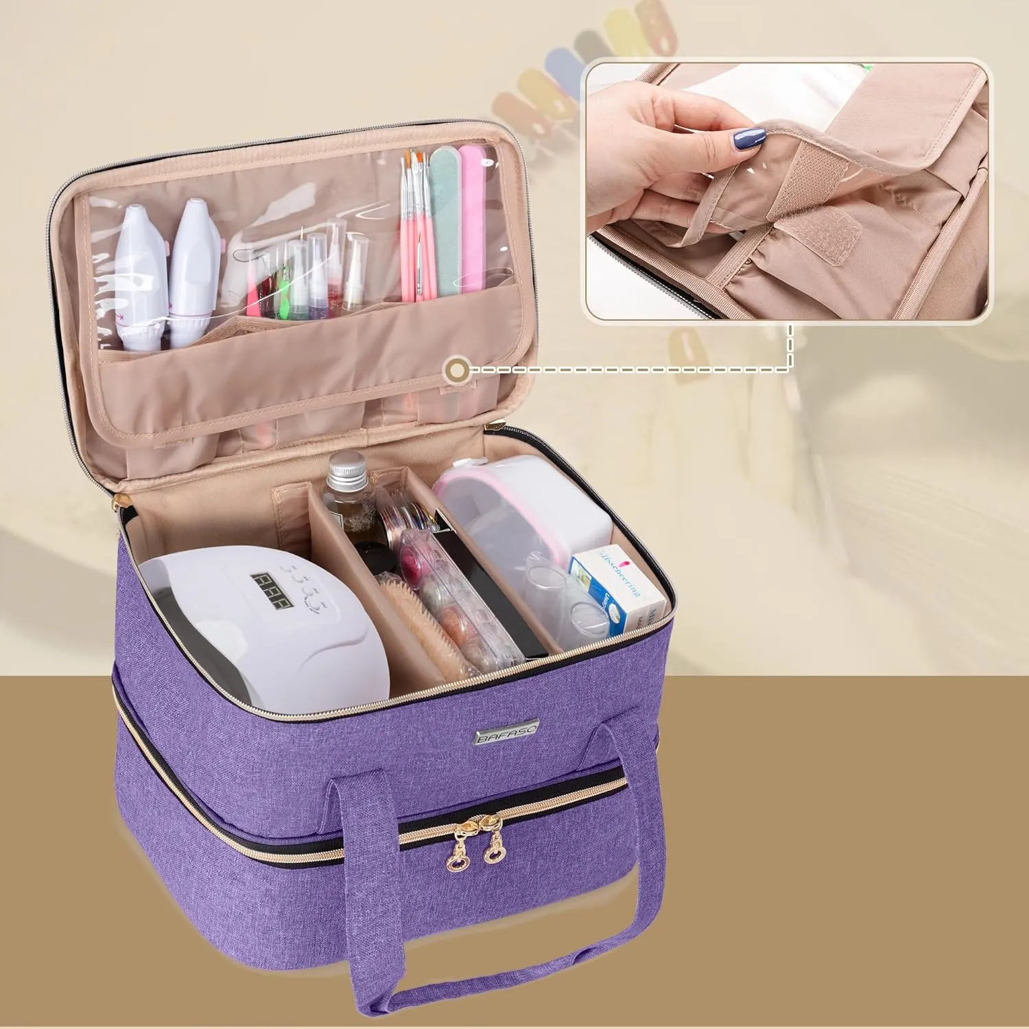 BAFASO Nail Polish Storage Holds 40 Bottles (15ml - 0.5 fl.oz) and a Nail Lamp, Nail Polish Carrying Case with Manicure Tools Sections (BAG ONLY), Purple
