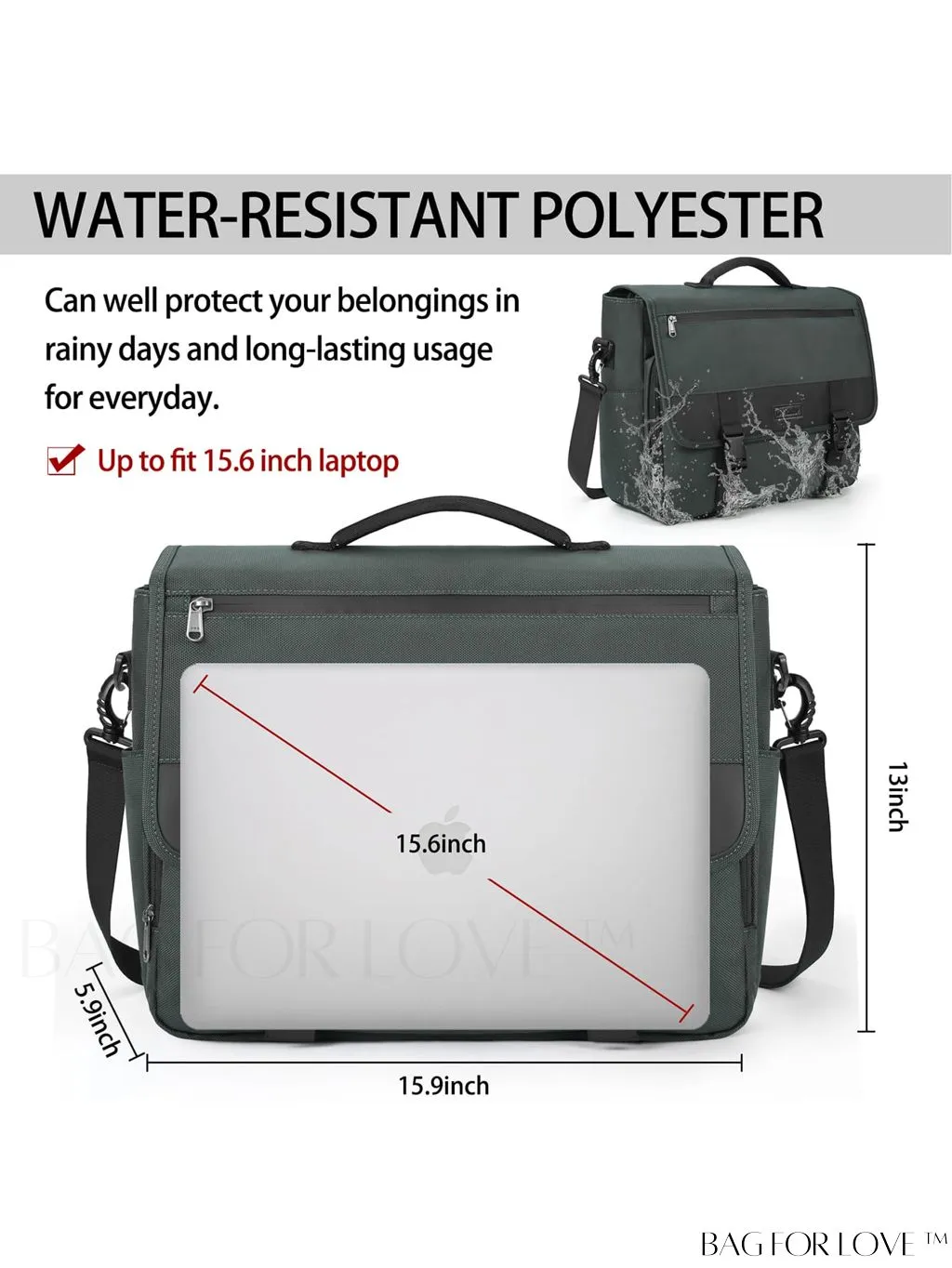 BagForLove - 15.6 Inch Waterproof Laptop Messenger Bag with Cable Organizer - Lightweight & Spacious