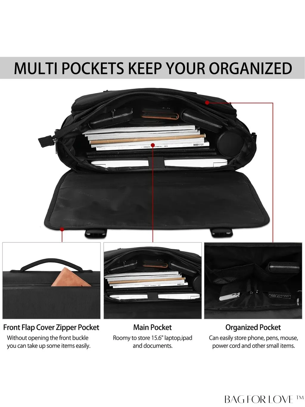 BagForLove - 15.6 Inch Waterproof Laptop Messenger Bag with Cable Organizer - Lightweight & Spacious