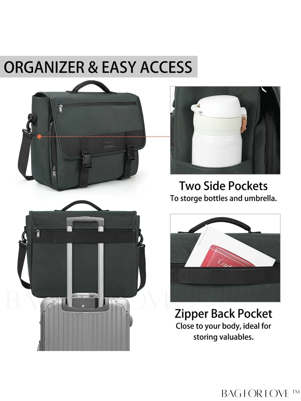 BagForLove - 15.6 Inch Waterproof Laptop Messenger Bag with Cable Organizer - Lightweight & Spacious
