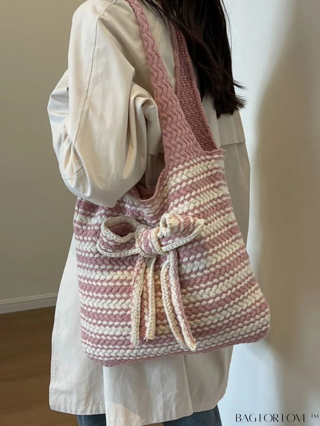 BagForLove - Bowknot Accented Tote Bag: Spacious and Stylish Striped Pattern Design