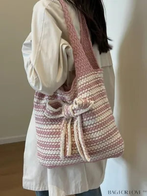 BagForLove - Bowknot Accented Tote Bag: Spacious and Stylish Striped Pattern Design