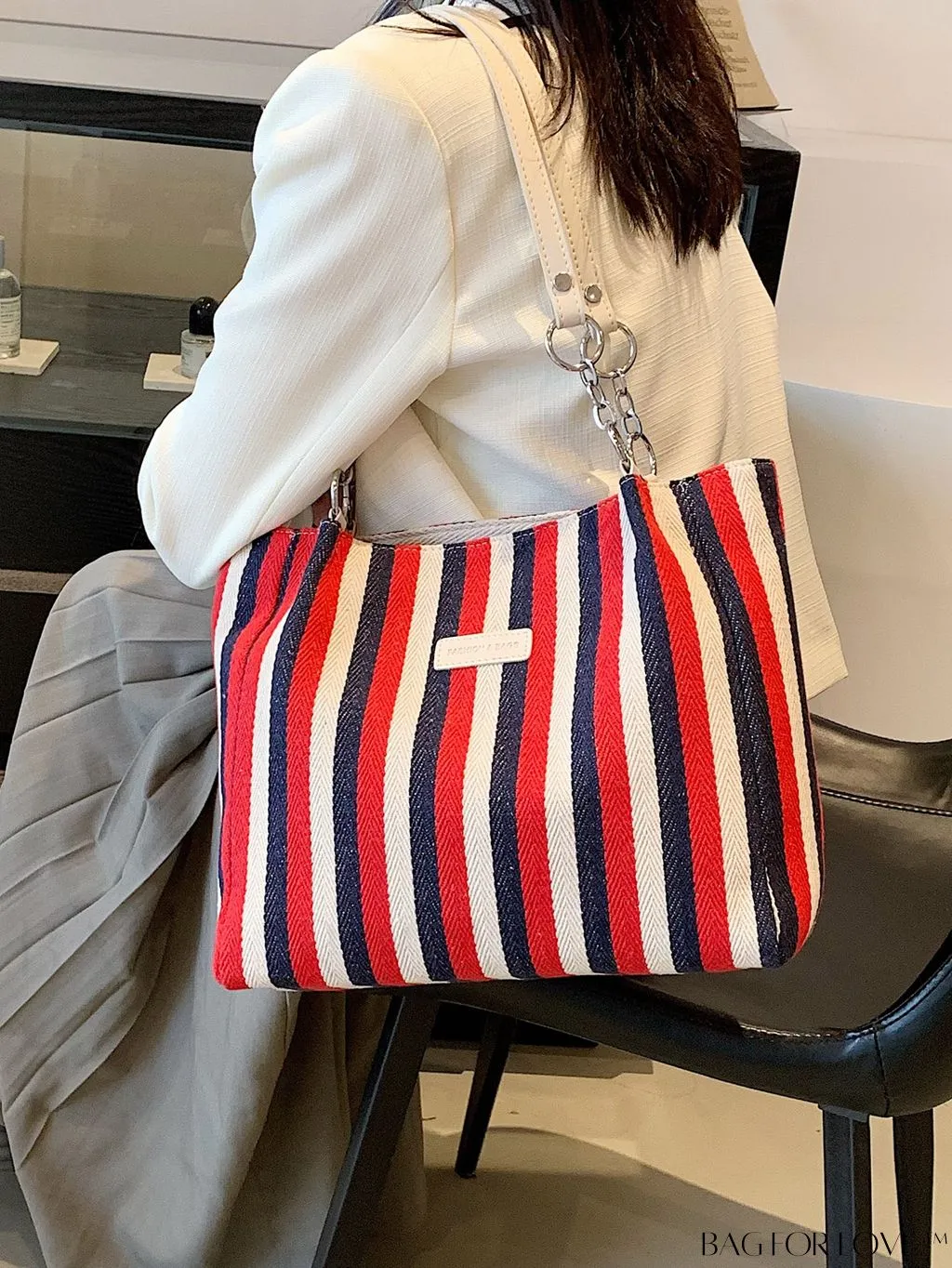 BagForLove - Chic Double Handle Shoulder Tote Bag in Striped Colorblock Design