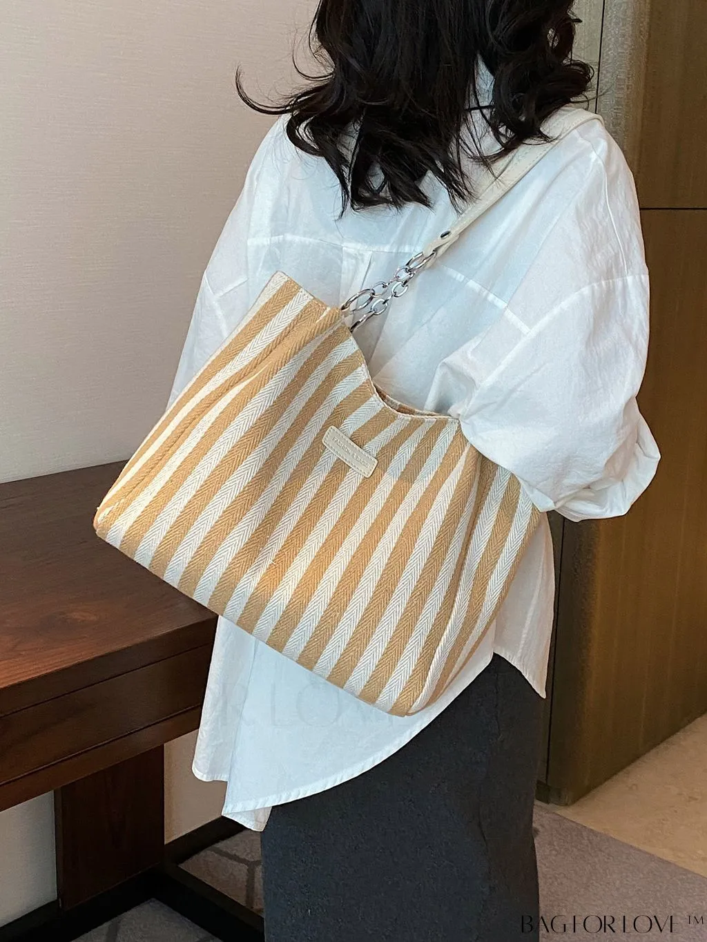 BagForLove - Chic Double Handle Shoulder Tote Bag in Striped Colorblock Design