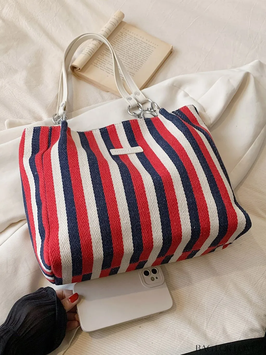 BagForLove - Chic Double Handle Shoulder Tote Bag in Striped Colorblock Design