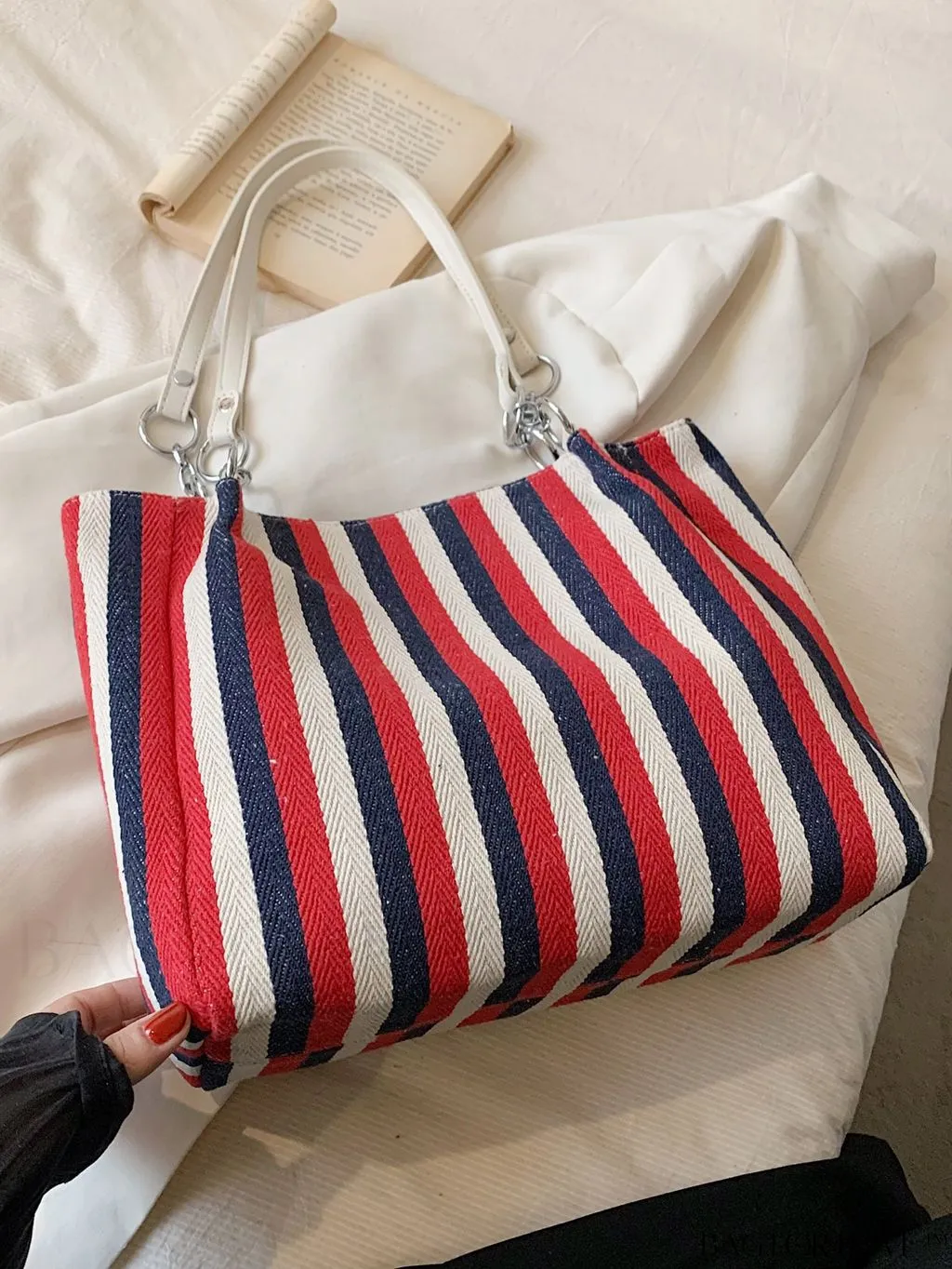 BagForLove - Chic Double Handle Shoulder Tote Bag in Striped Colorblock Design