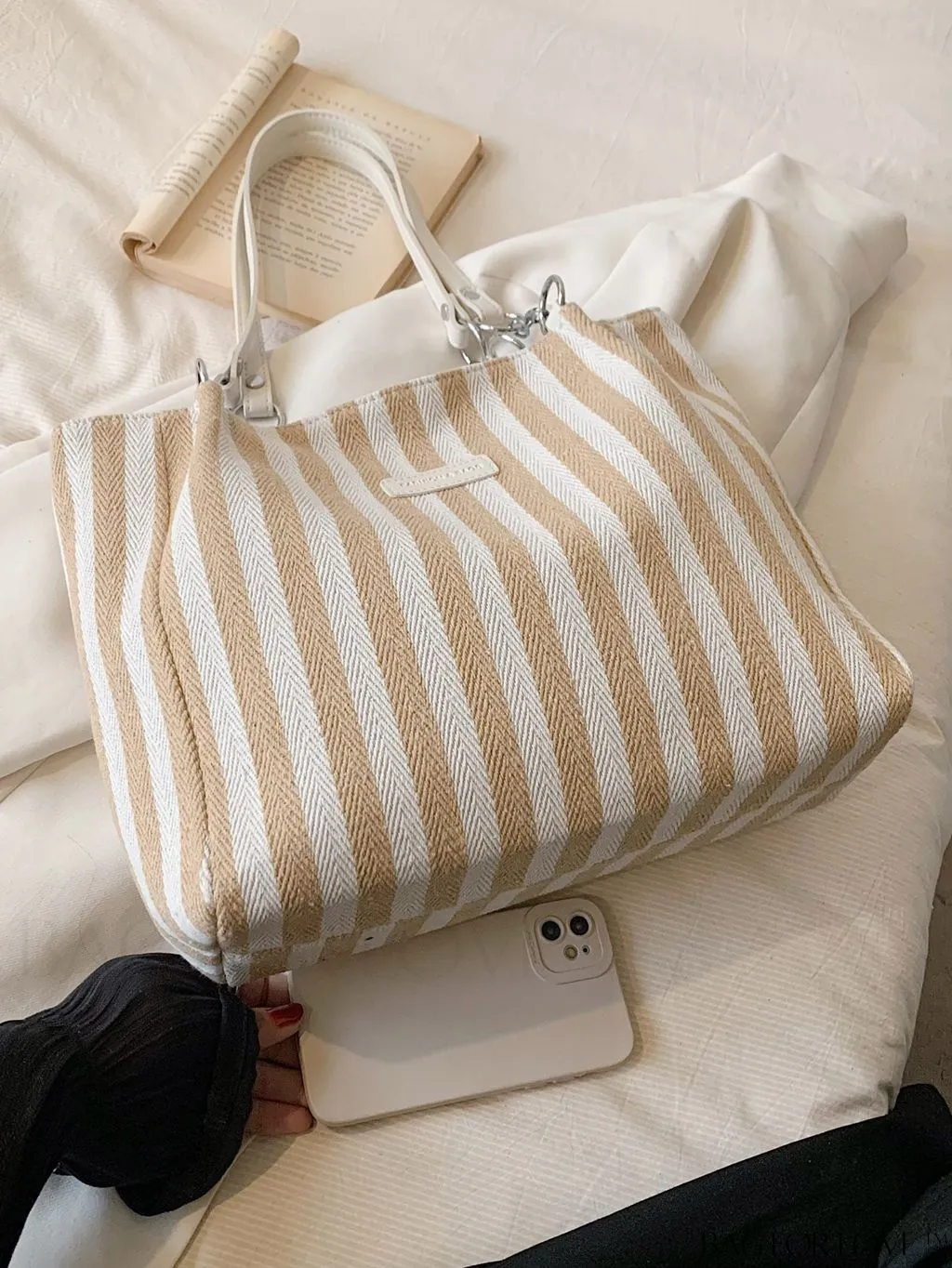 BagForLove - Chic Double Handle Shoulder Tote Bag in Striped Colorblock Design