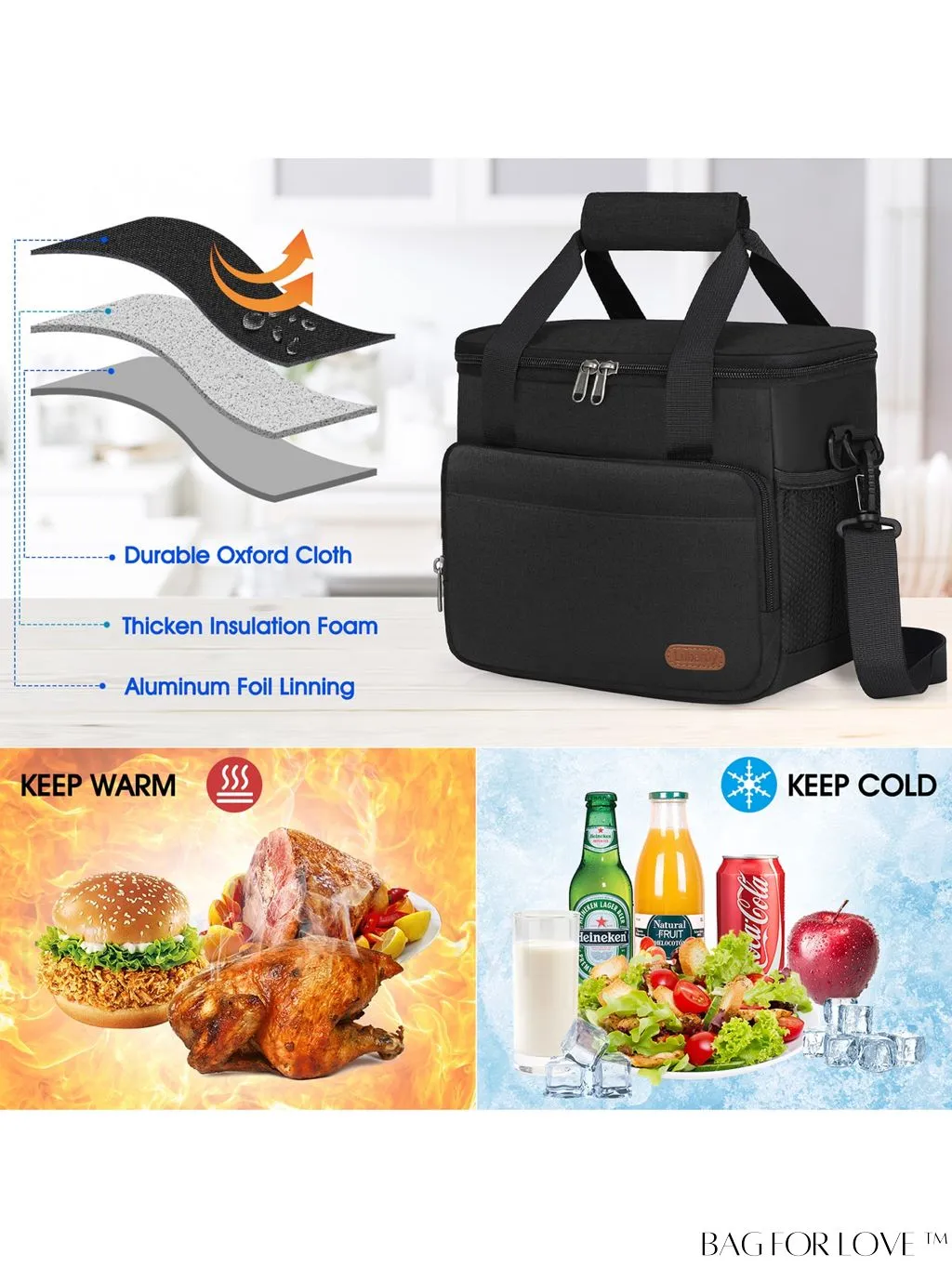BagForLove - Leakproof Insulated Lunch Bag with Adjustable Strap - Ideal for Work, Office, Picnic - 12-Can (10L)