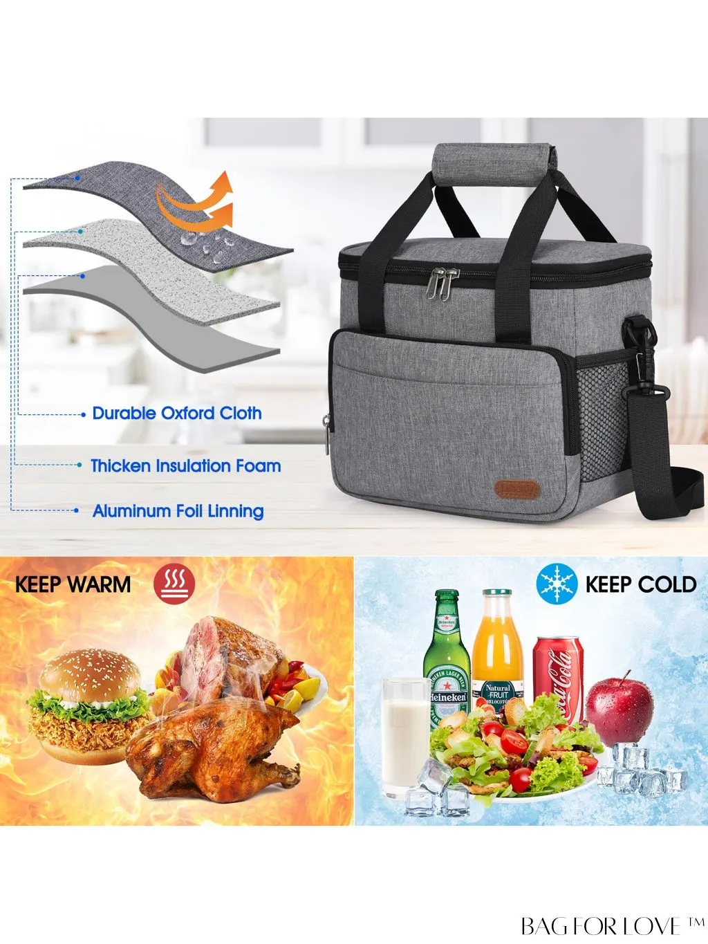 BagForLove - Leakproof Insulated Lunch Bag with Adjustable Strap - Ideal for Work, Office, Picnic - 12-Can (10L)
