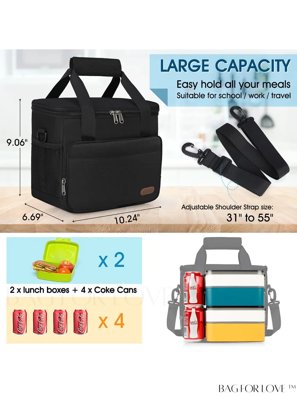 BagForLove - Leakproof Insulated Lunch Bag with Adjustable Strap - Ideal for Work, Office, Picnic - 12-Can (10L)