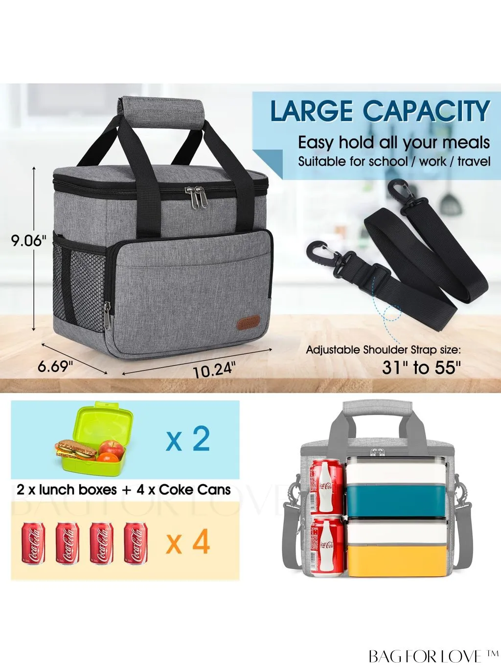 BagForLove - Leakproof Insulated Lunch Bag with Adjustable Strap - Ideal for Work, Office, Picnic - 12-Can (10L)