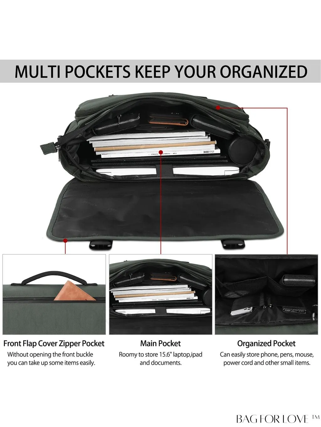 BagForLove - Waterproof 15.6 Inch Laptop Messenger Bag with Cable Organizer - Sleek & Lightweight