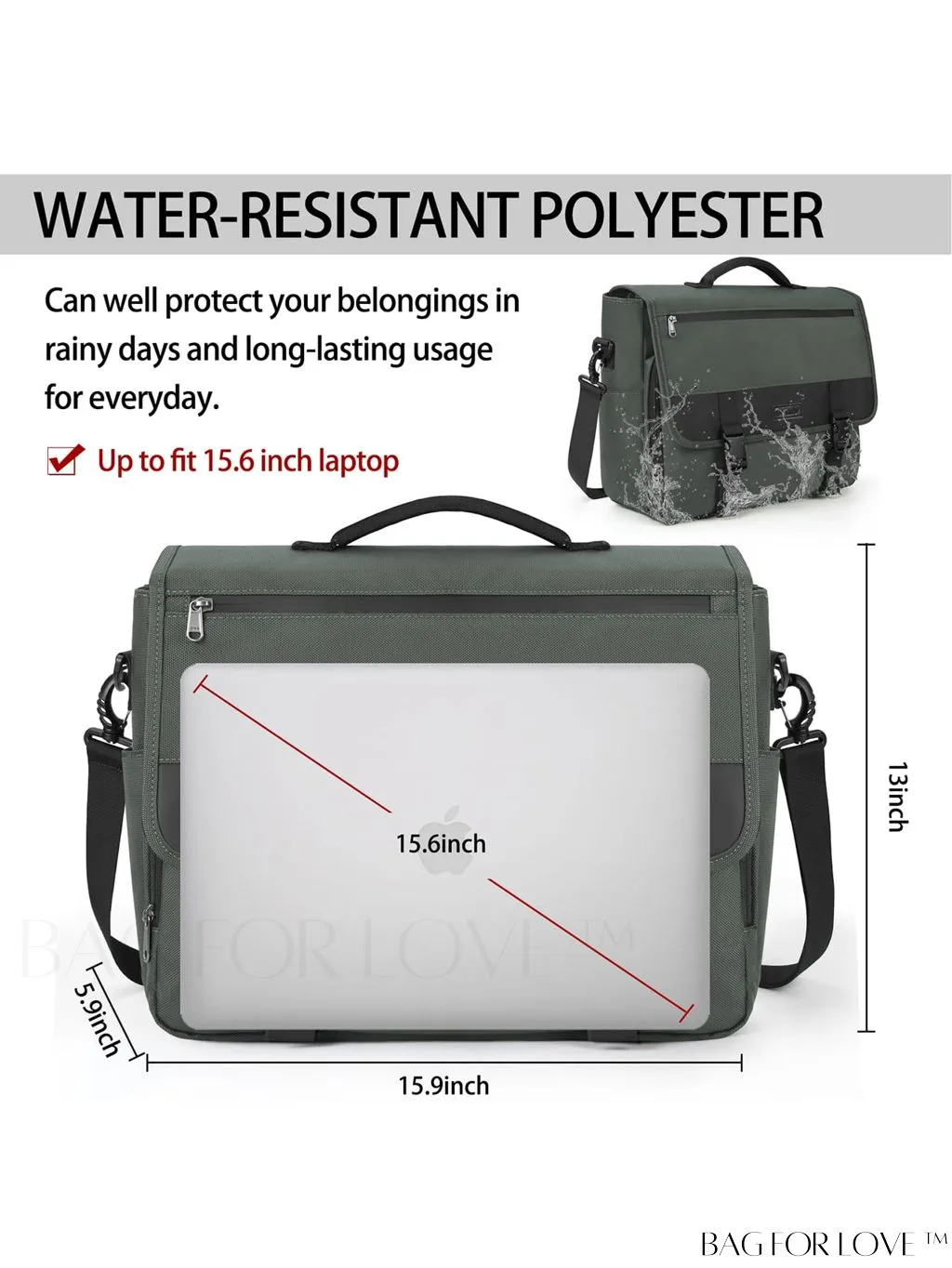 BagForLove - Waterproof 15.6 Inch Laptop Messenger Bag with Cable Organizer - Sleek & Lightweight