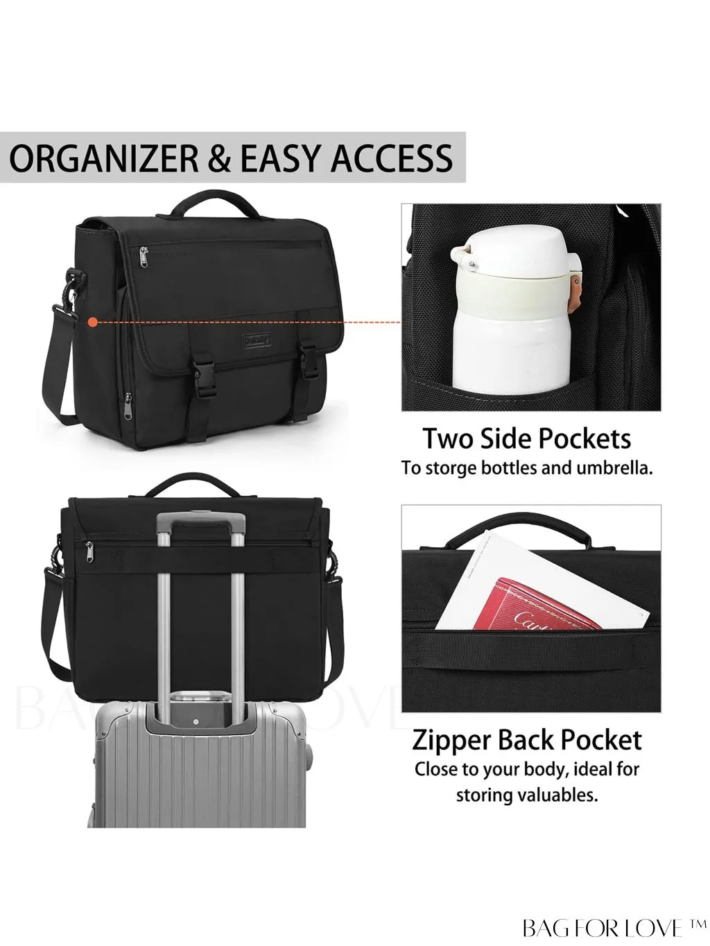 BagForLove - Waterproof 15.6 Inch Laptop Messenger Bag with Cable Organizer - Sleek & Lightweight