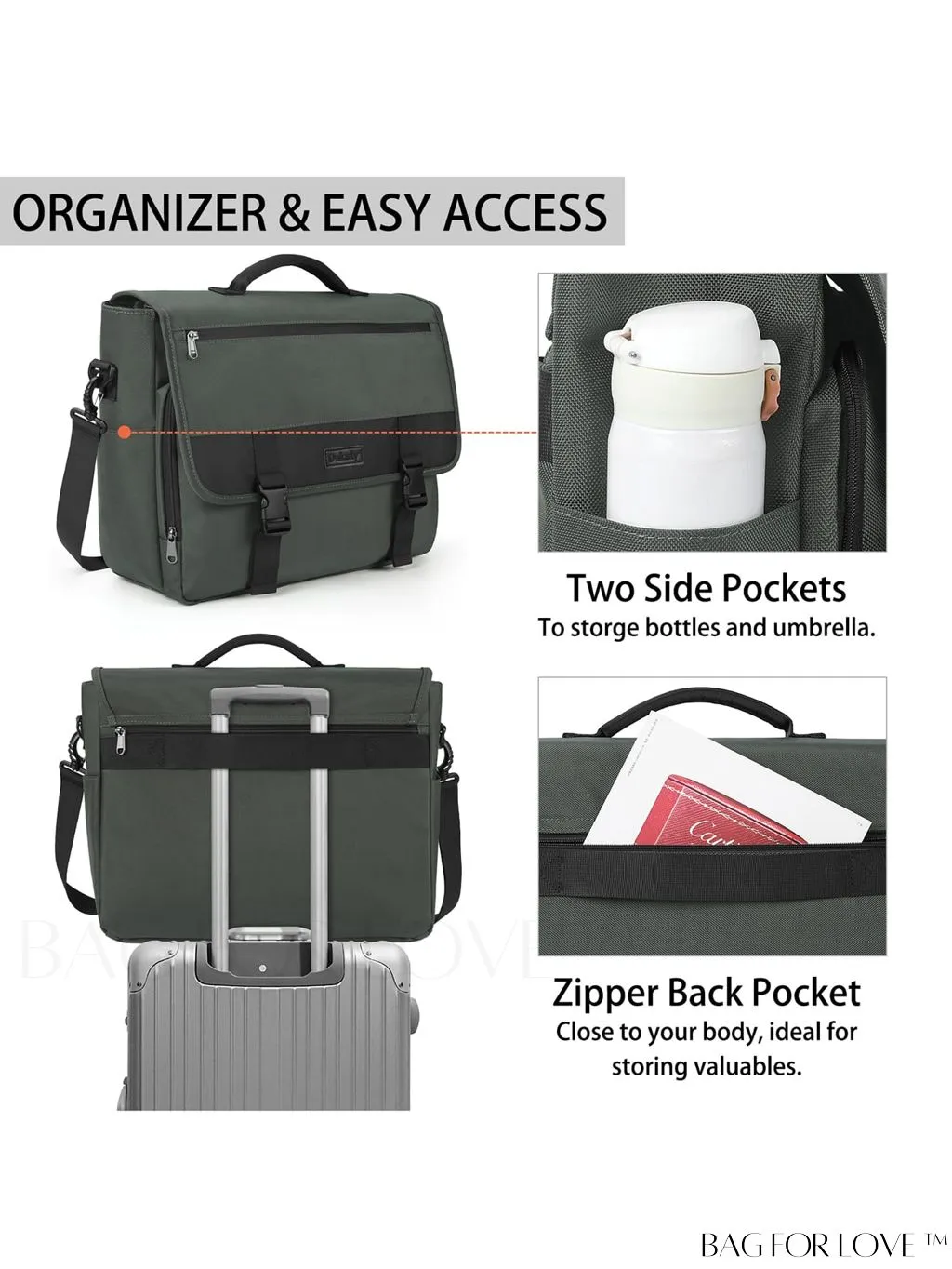 BagForLove - Waterproof 15.6 Inch Laptop Messenger Bag with Cable Organizer - Sleek & Lightweight