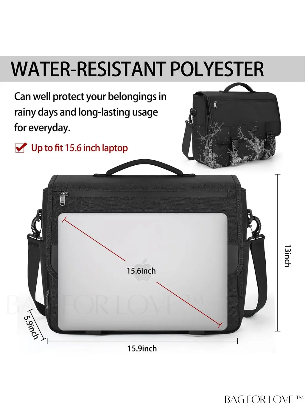 BagForLove - Waterproof 15.6 Inch Laptop Messenger Bag with Cable Organizer - Sleek & Lightweight