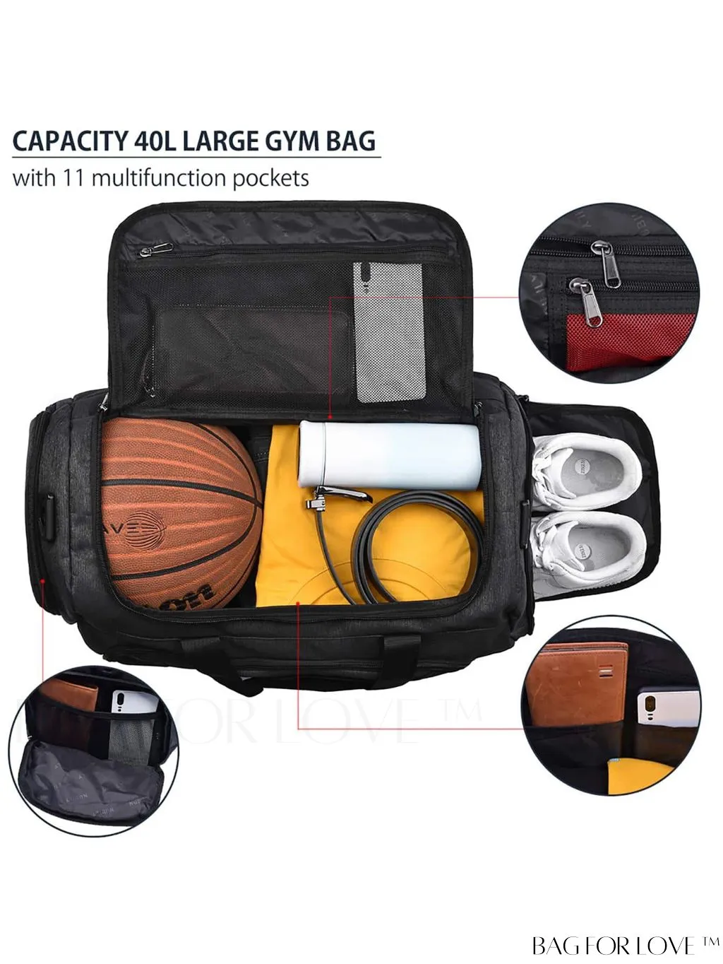BagForLove - Waterproof Sports Travel Duffle Bag with Shoe Compartment - 40L Capacity - Men & Women