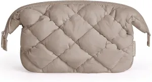 BAGSMART Quilted Travel Makeup Bag, Puffy Toiletry Organizer with Wide Opening, Cosmetic Storage for Women's Accessories, Khaki(camel)