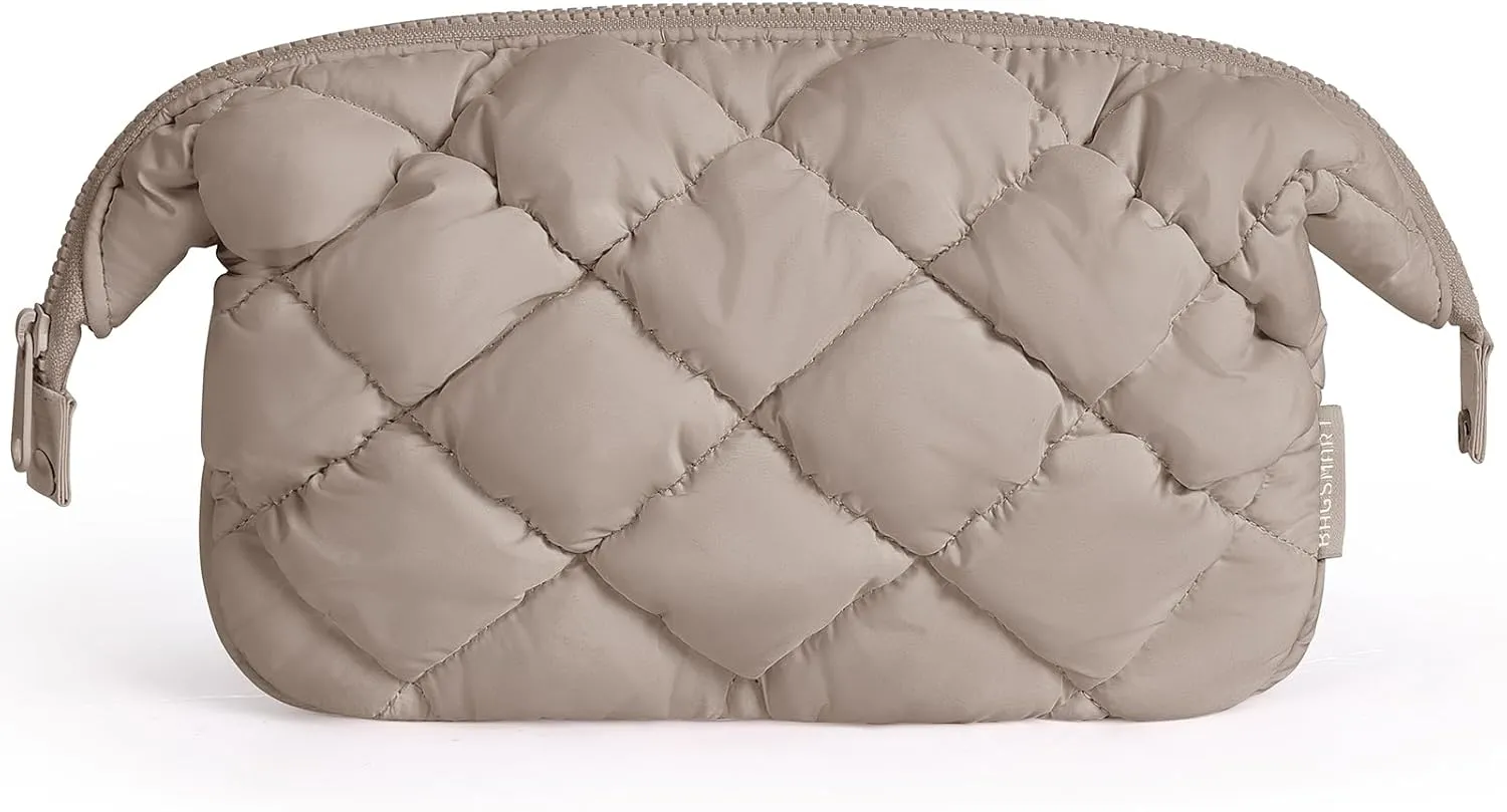 BAGSMART Quilted Travel Makeup Bag, Puffy Toiletry Organizer with Wide Opening, Cosmetic Storage for Women's Accessories, Khaki(camel)
