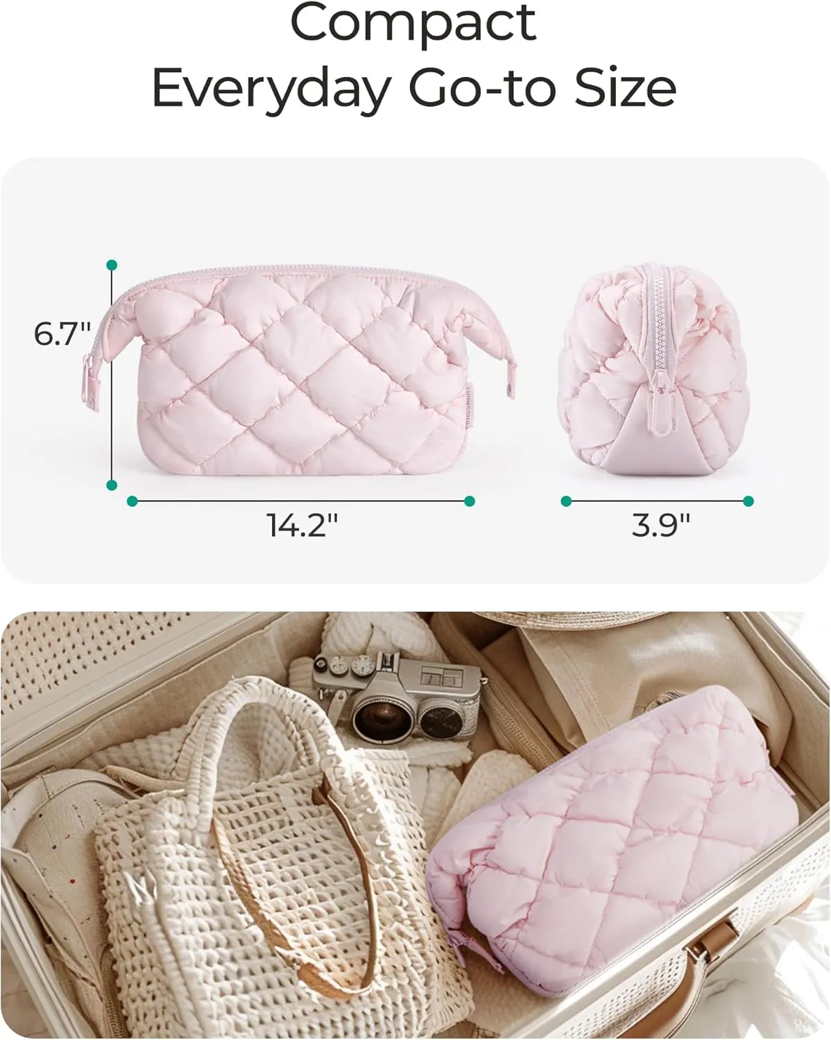 BAGSMART Quilted Travel Makeup Bag, Puffy Toiletry Organizer with Wide Opening, Cosmetic Storage for Women's Accessories, Khaki(camel)