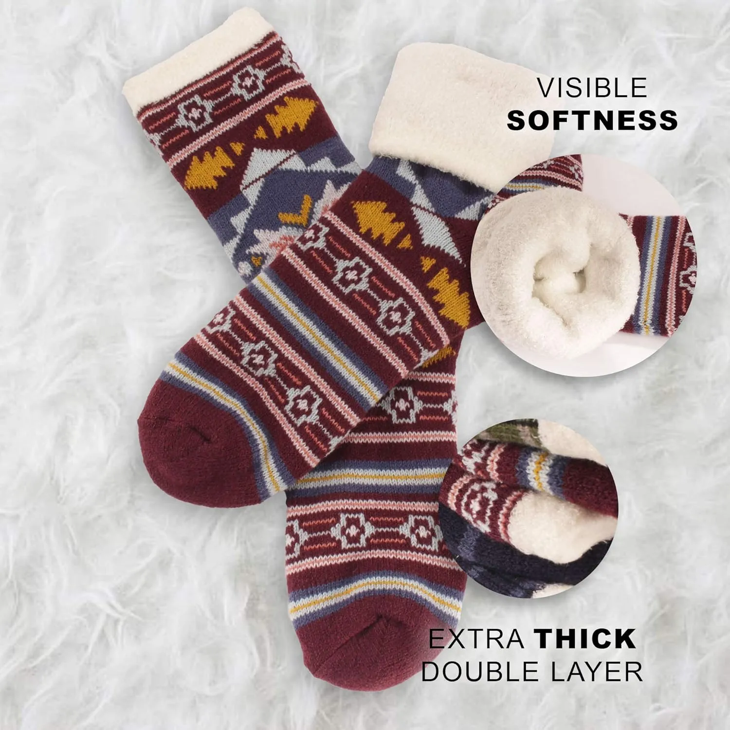 BambooMN Men's Cabin Double Layer Thick Soft Warm Fuzzy Comfy Home Socks, 3 Pairs