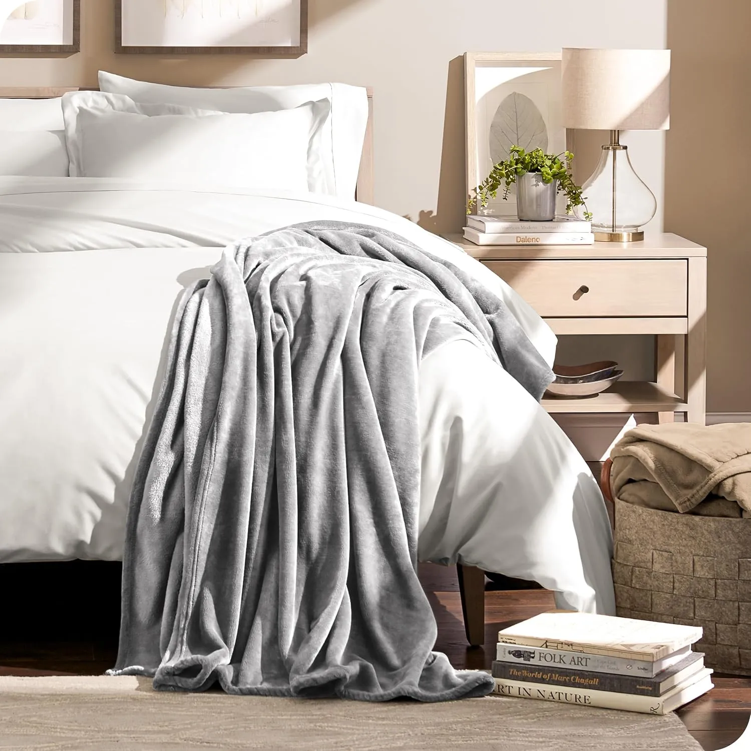 Bare Home Fleece Microplush Blanket - Extra Long - Lightweight Throw for Bed, Sofa, Couch, Movie Night, Camping, and Travel - Cabin Blanket (Twin/Twin XL, Light Grey)