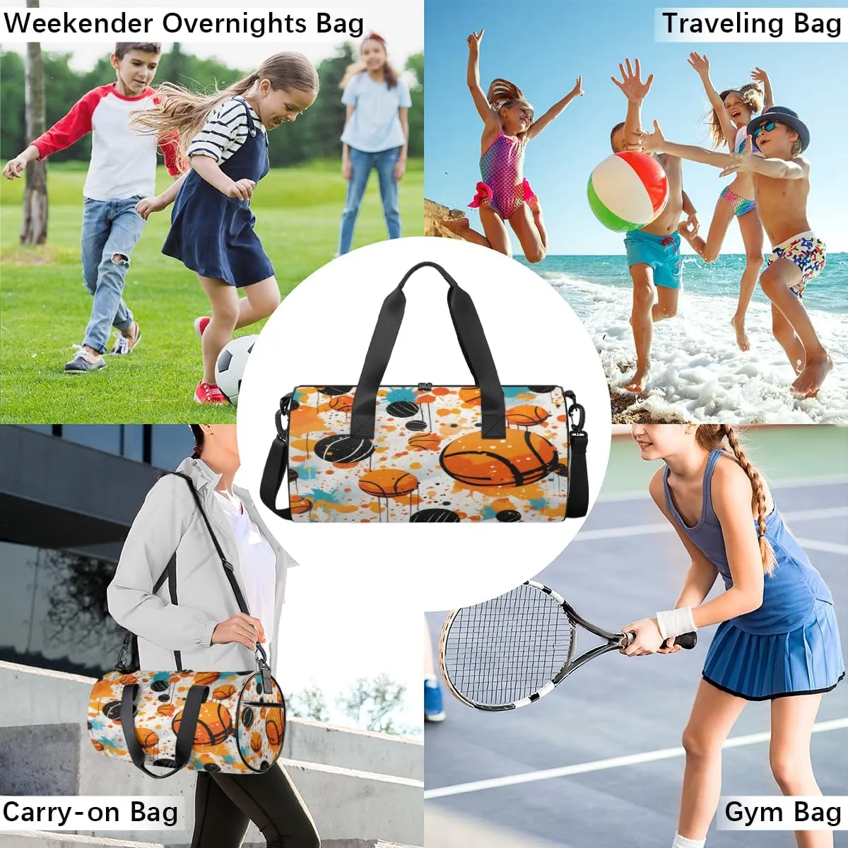 Basketball Splash Court Sports Duffel Bag with Shoulder Strap, Large Capacity Gym Bag with Shoe Compartment, Water Resistant Travel Duffle Bag for Men Women Travel, Sports (17.6x9x9 Inch)