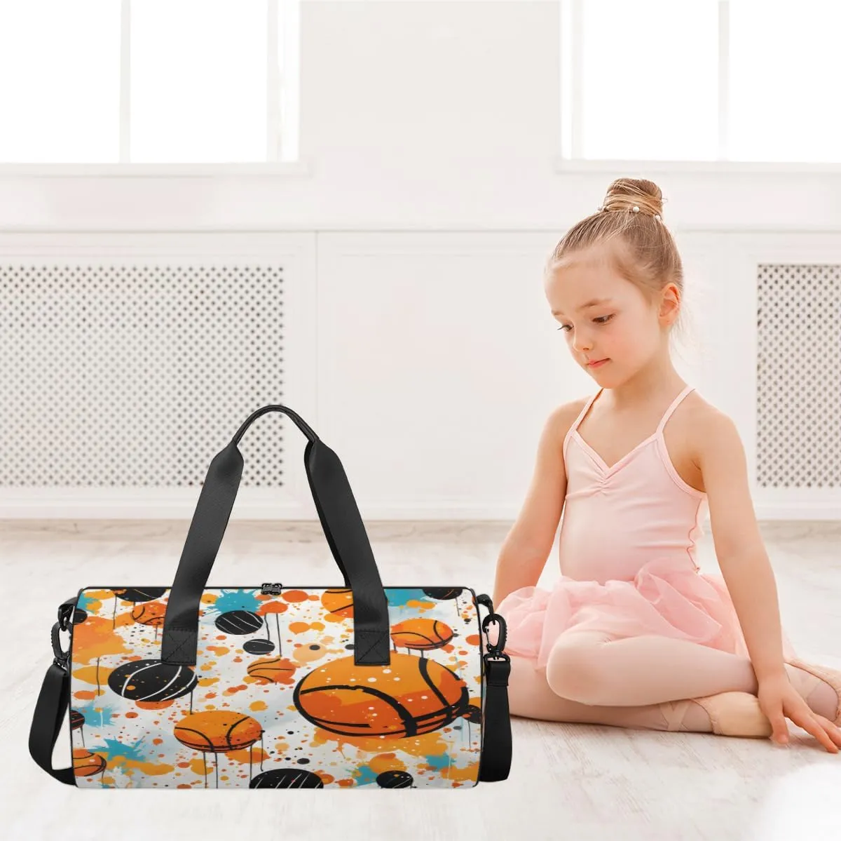Basketball Splash Court Sports Duffel Bag with Shoulder Strap, Large Capacity Gym Bag with Shoe Compartment, Water Resistant Travel Duffle Bag for Men Women Travel, Sports (17.6x9x9 Inch)