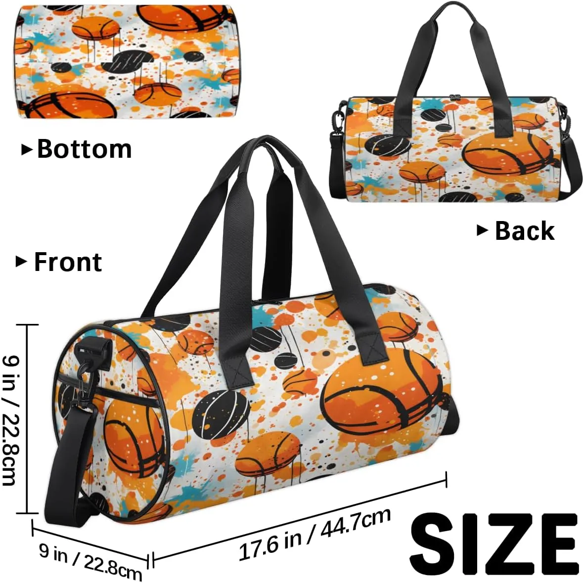 Basketball Splash Court Sports Duffel Bag with Shoulder Strap, Large Capacity Gym Bag with Shoe Compartment, Water Resistant Travel Duffle Bag for Men Women Travel, Sports (17.6x9x9 Inch)