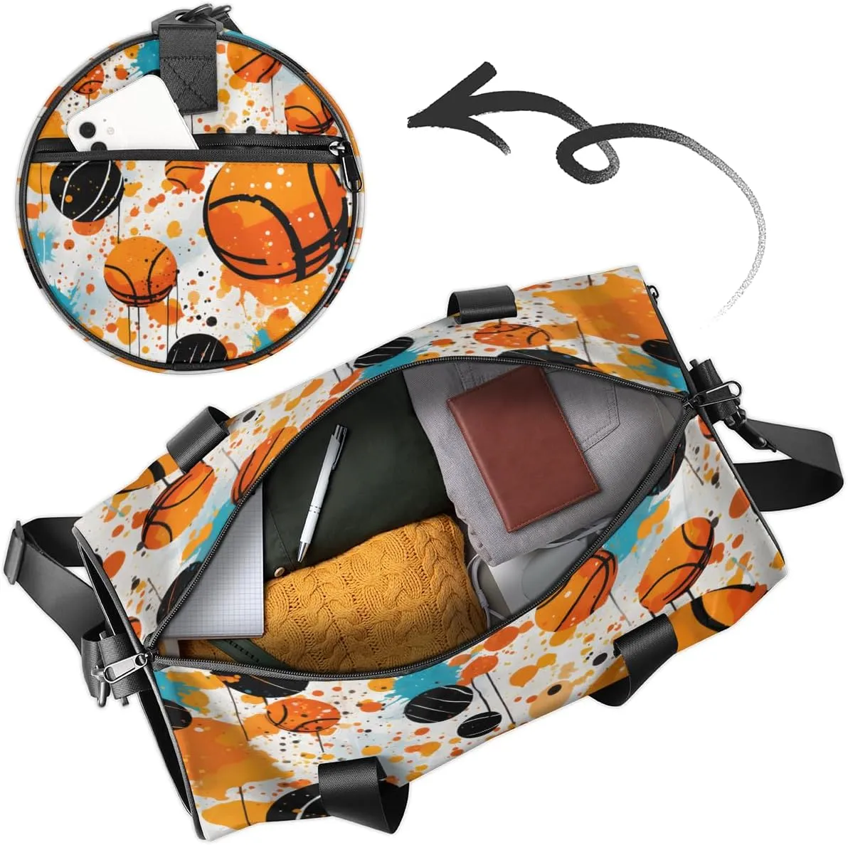 Basketball Splash Court Sports Duffel Bag with Shoulder Strap, Large Capacity Gym Bag with Shoe Compartment, Water Resistant Travel Duffle Bag for Men Women Travel, Sports (17.6x9x9 Inch)