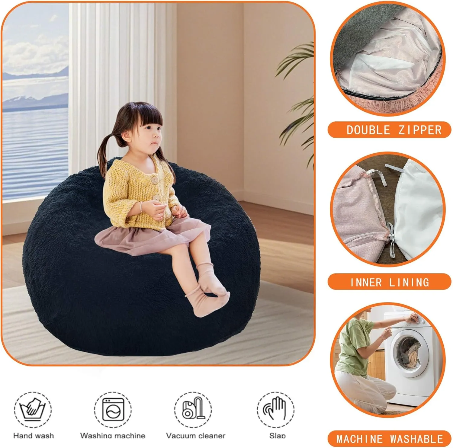 BCU Bean Bag Chairs for Kids and Adults Without Filler (Cover Only) Comfy Plush Fluffy Bean Bag Chair Cover Lazy Sofa Cover for Bedroom Living Room, Dark Grey