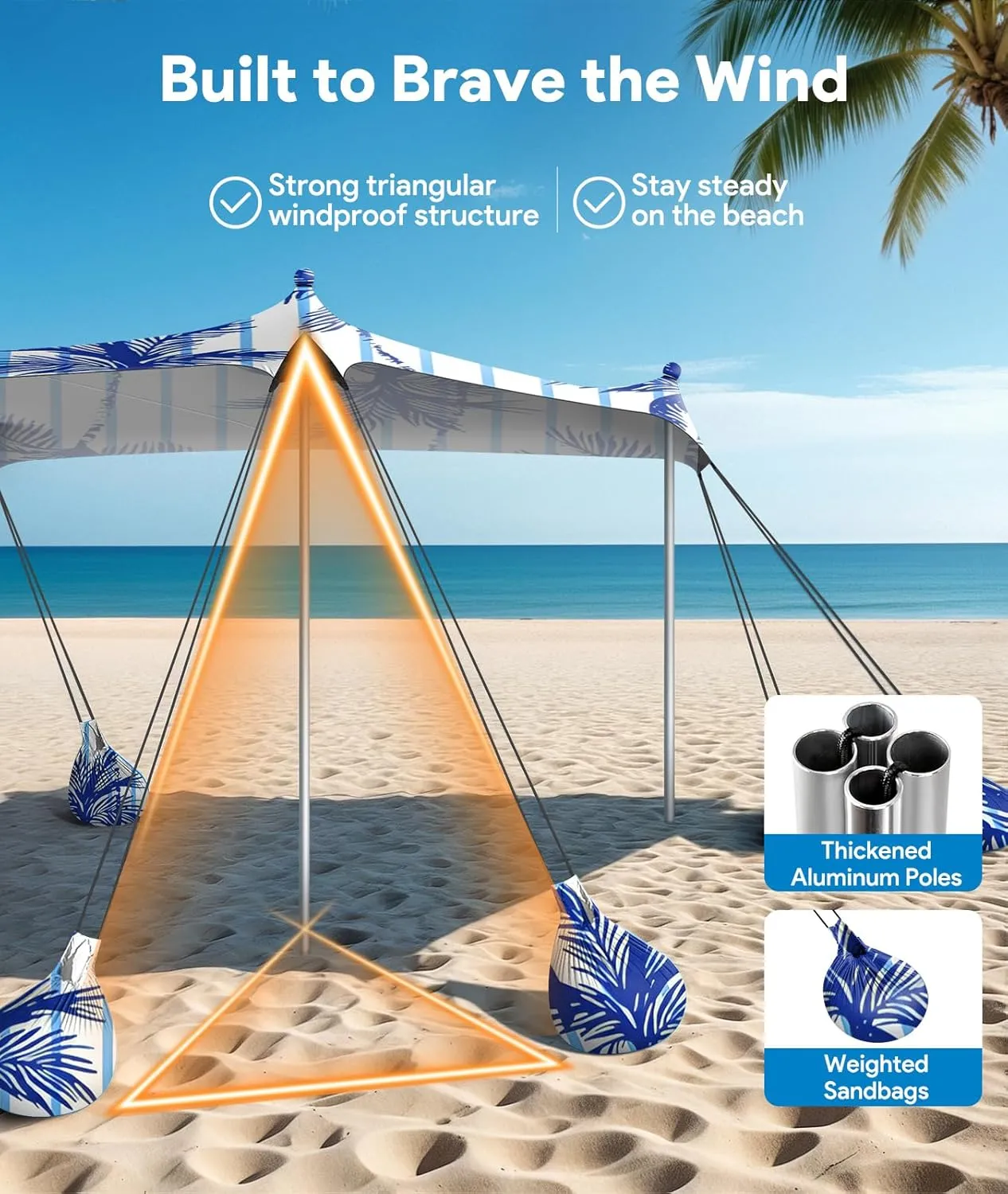 Beach Tent Sun Shelter, 10 x 10 FT Beach Canopy Tent Sun Shade, UPF50  Tents Canopy with 8 Sandbags & 4 Stability Poles, Outdoor Tents for Camping Fishing, Coconut Tree
