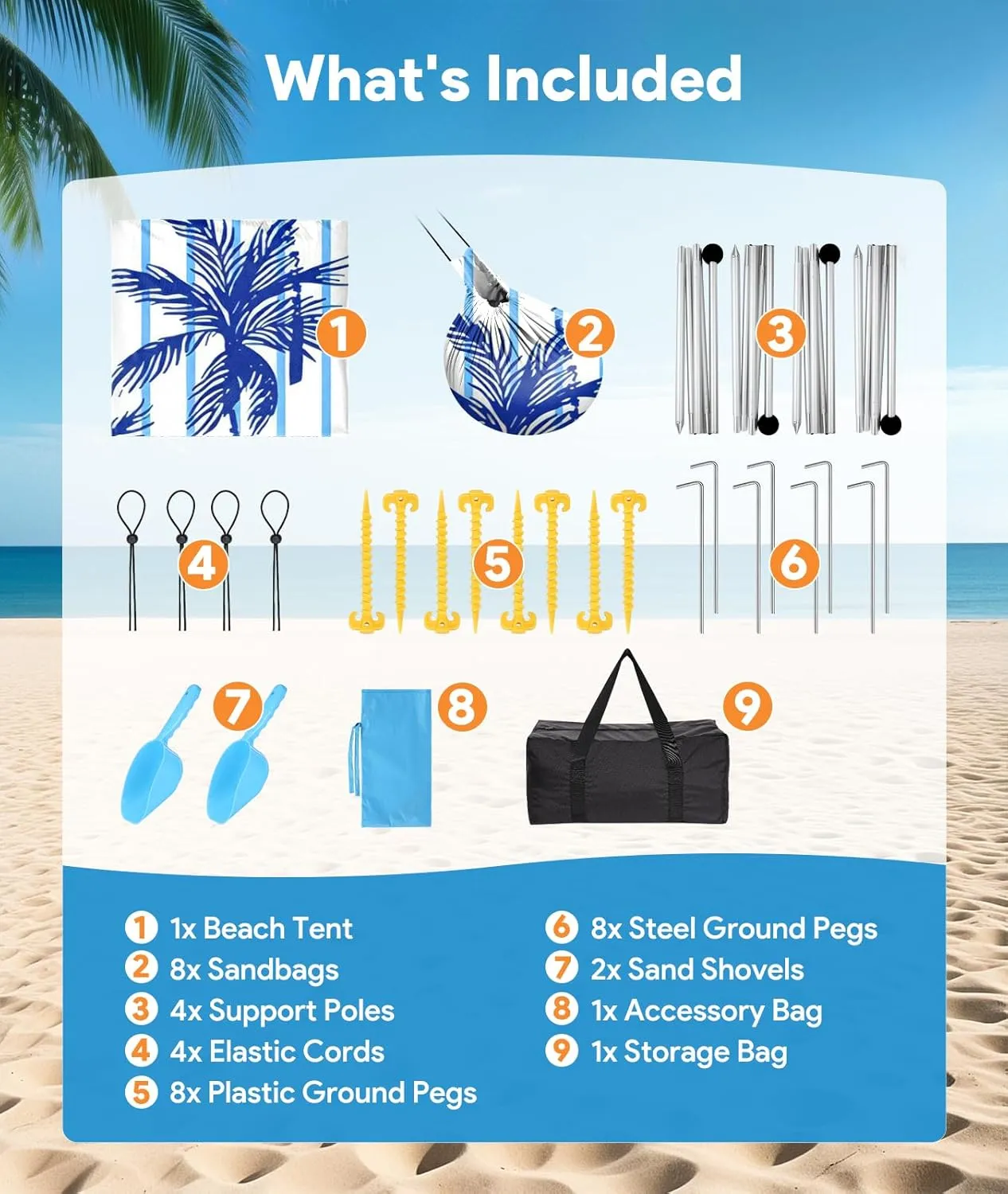 Beach Tent Sun Shelter, 10 x 10 FT Beach Canopy Tent Sun Shade, UPF50  Tents Canopy with 8 Sandbags & 4 Stability Poles, Outdoor Tents for Camping Fishing, Coconut Tree