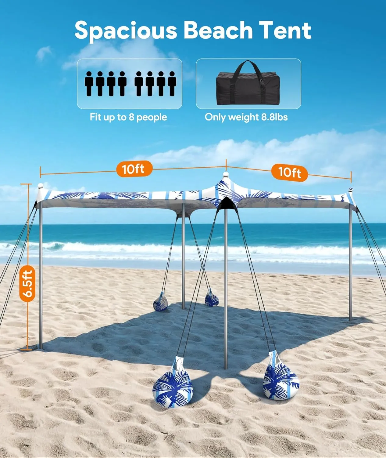 Beach Tent Sun Shelter, 10 x 10 FT Beach Canopy Tent Sun Shade, UPF50  Tents Canopy with 8 Sandbags & 4 Stability Poles, Outdoor Tents for Camping Fishing, Coconut Tree