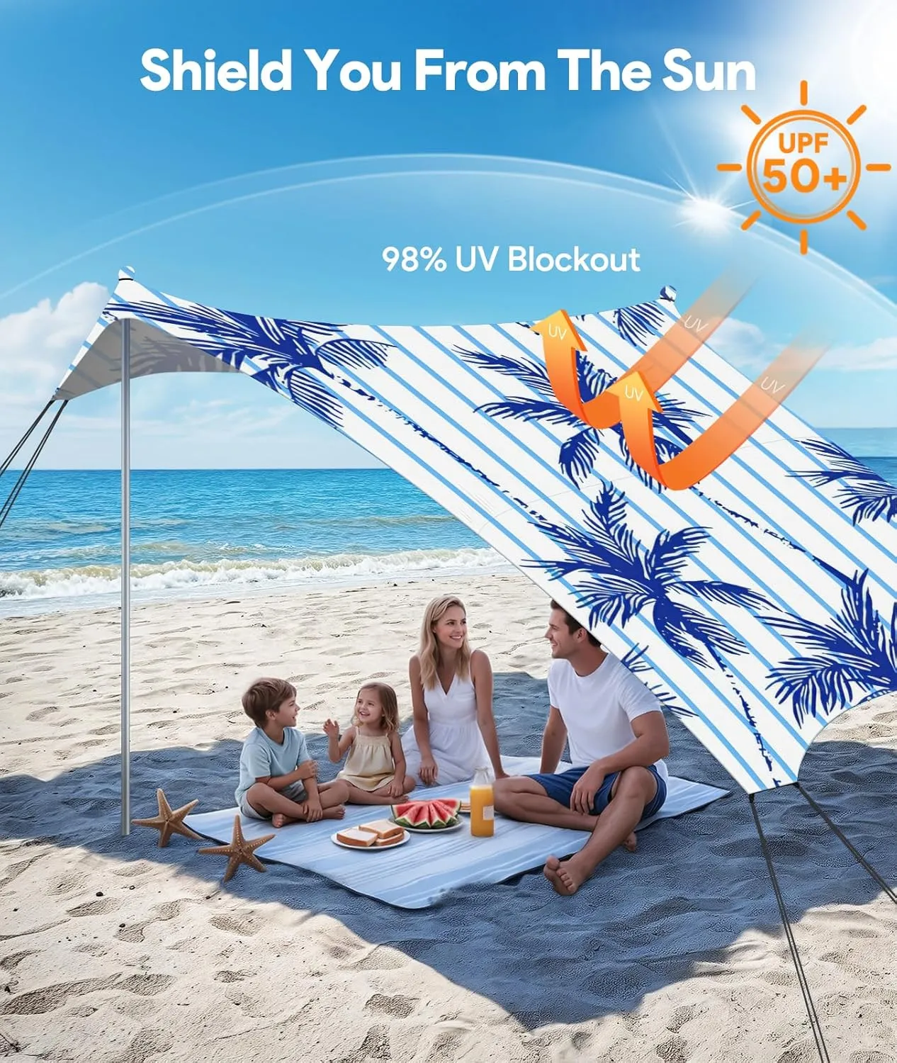 Beach Tent Sun Shelter, 10 x 10 FT Beach Canopy Tent Sun Shade, UPF50  Tents Canopy with 8 Sandbags & 4 Stability Poles, Outdoor Tents for Camping Fishing, Coconut Tree