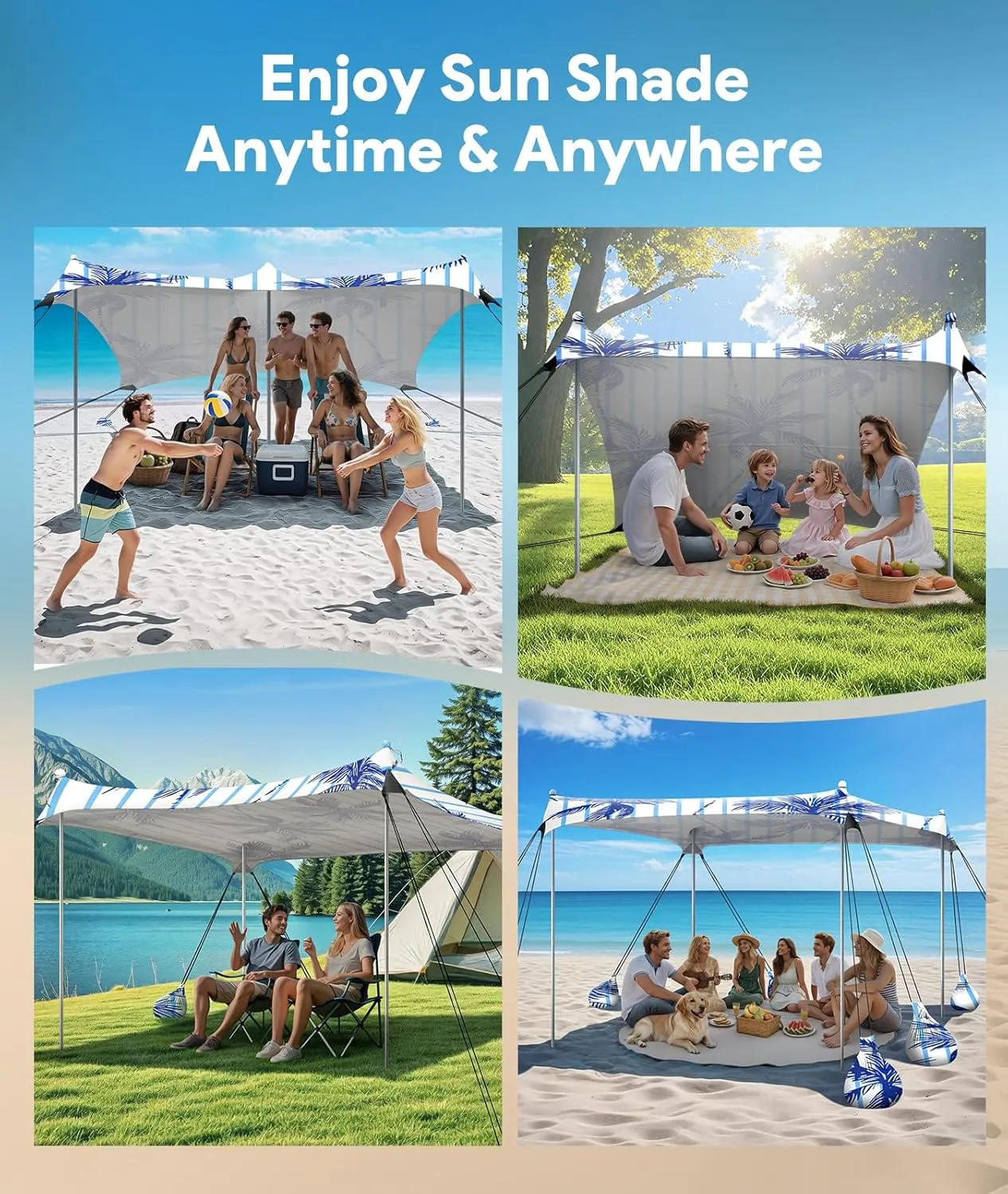 Beach Tent Sun Shelter, 10 x 10 FT Beach Canopy Tent Sun Shade, UPF50  Tents Canopy with 8 Sandbags & 4 Stability Poles, Outdoor Tents for Camping Fishing, Coconut Tree