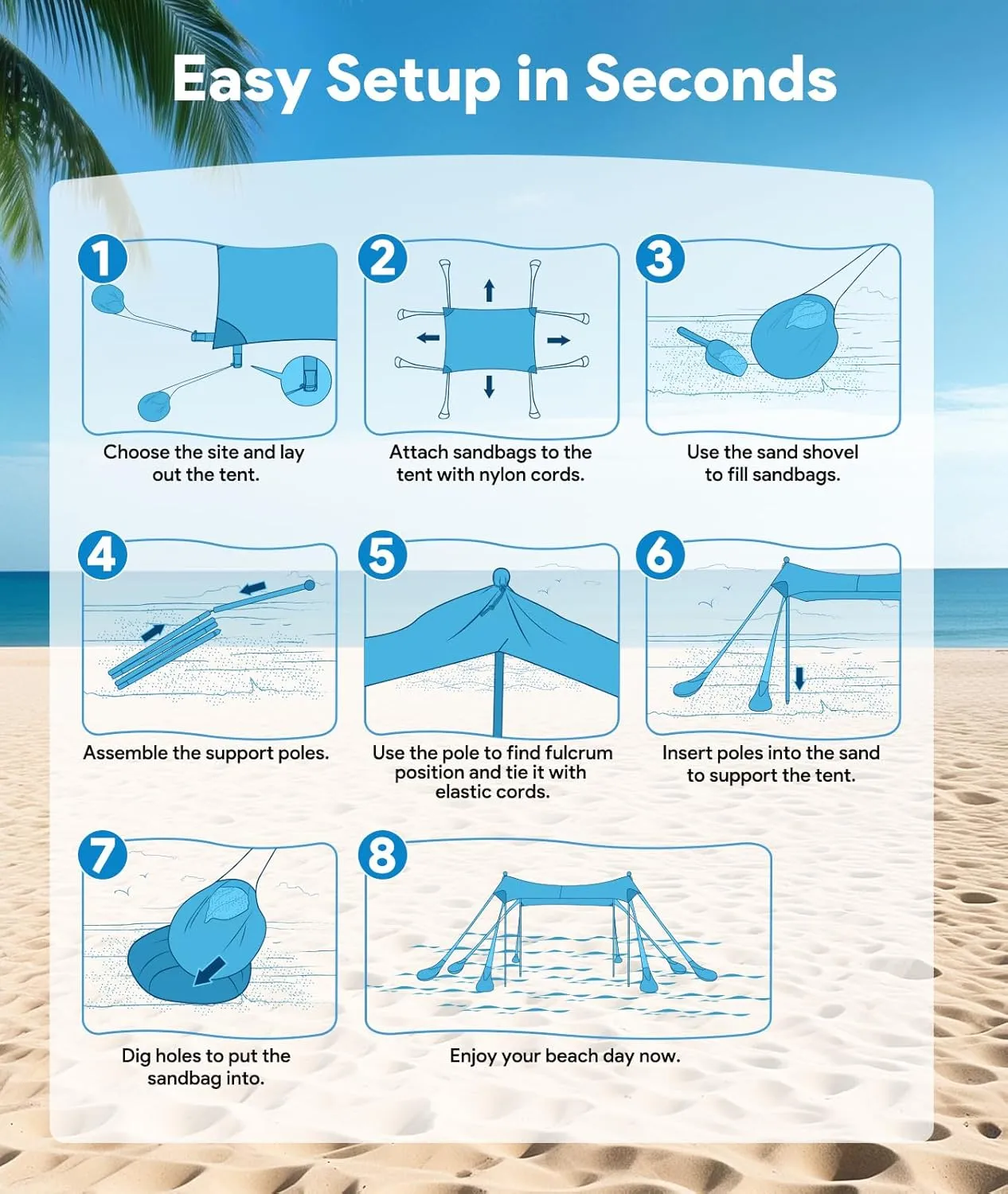 Beach Tent Sun Shelter, 10 x 10 FT Beach Canopy Tent Sun Shade, UPF50  Tents Canopy with 8 Sandbags & 4 Stability Poles, Outdoor Tents for Camping Fishing, Coconut Tree