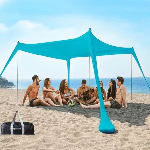 Beach Tent Sun Shelter 10 x 10ft, with 4 Aluminum Poles, Includes Sand Shovel, Ground Pegs and Carry Bag, Outdoor Pop Up Beach Shade Canopy for Camping, Fishing, Backyard Fun or Picnics