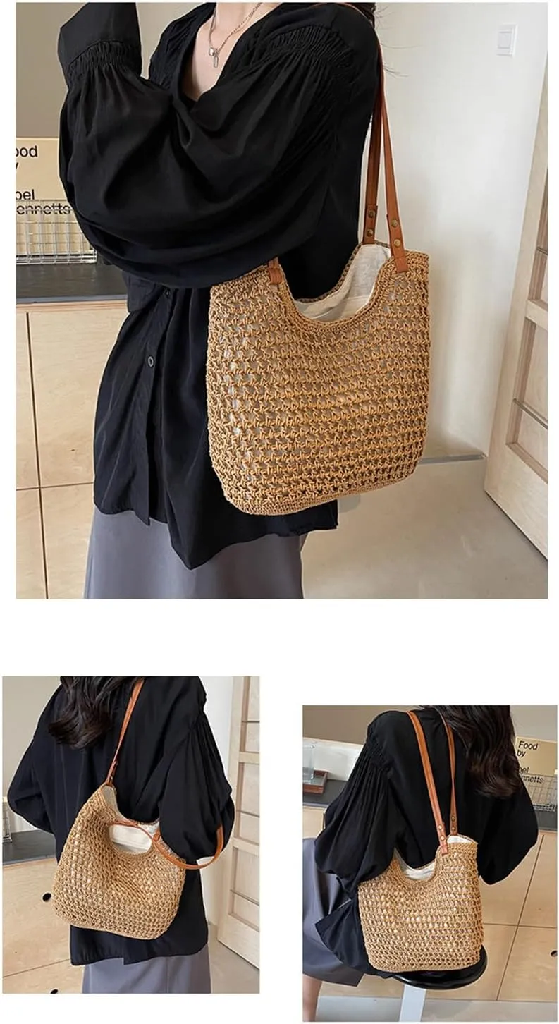 Beach Tote Bag Women Mesh Woven Crochet Lined 2024 Summer Knit Handbag PU Strap Zip Boho Travel Vacation