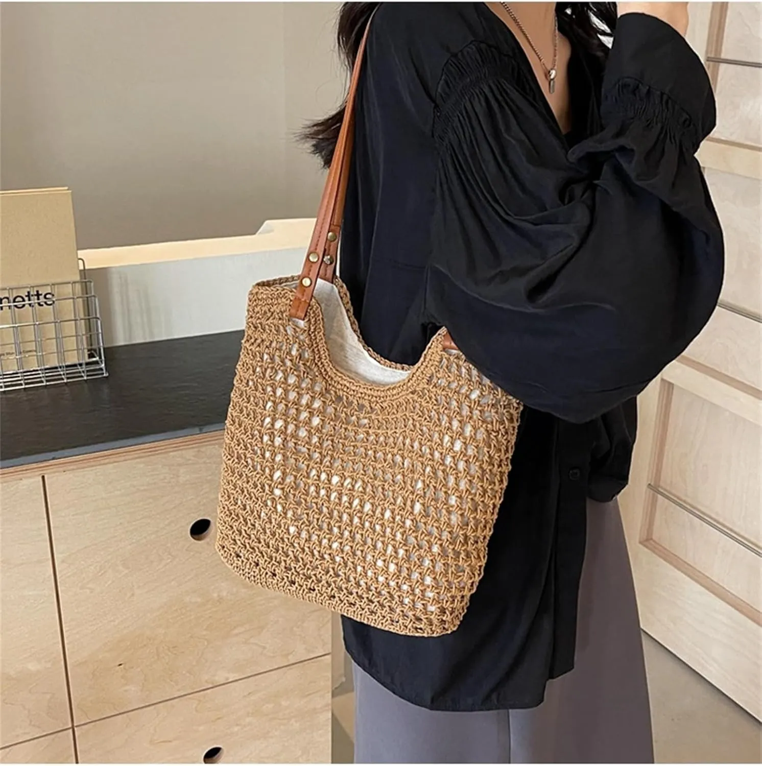 Beach Tote Bag Women Mesh Woven Crochet Lined 2024 Summer Knit Handbag PU Strap Zip Boho Travel Vacation