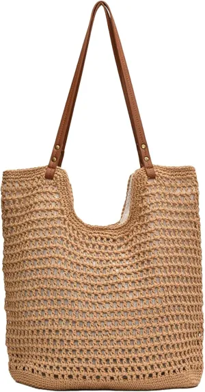 Beach Tote Bag Women Mesh Woven Crochet Lined 2024 Summer Knit Handbag PU Strap Zip Boho Travel Vacation