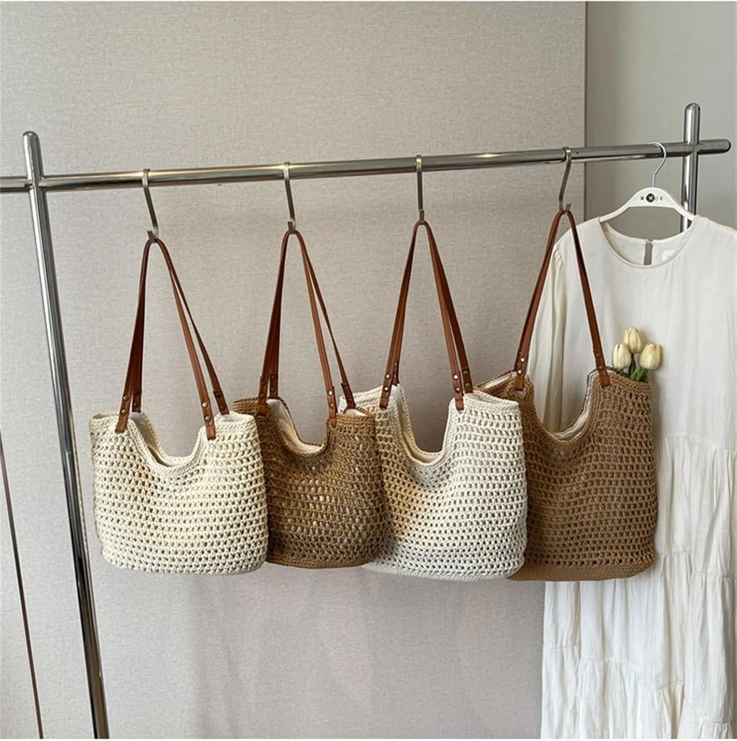 Beach Tote Bag Women Mesh Woven Crochet Lined 2024 Summer Knit Handbag PU Strap Zip Boho Travel Vacation