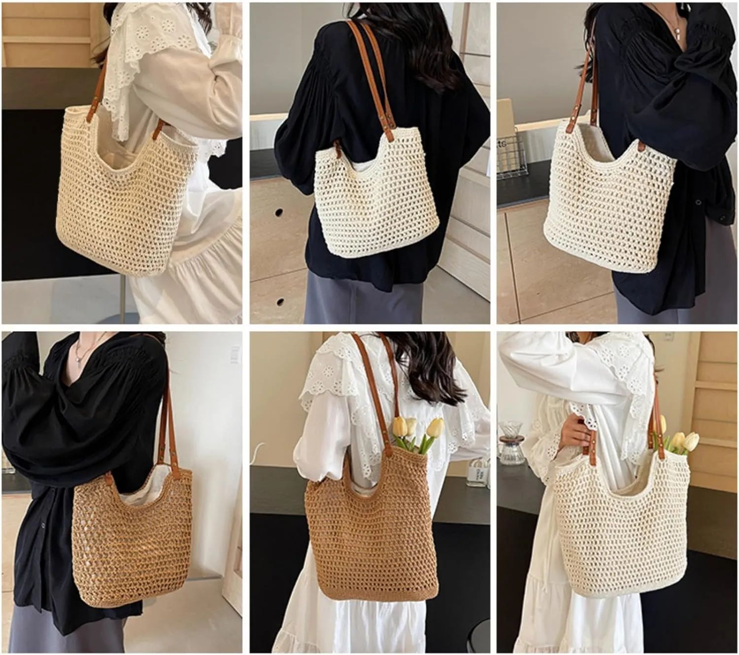 Beach Tote Bag Women Mesh Woven Crochet Lined 2024 Summer Knit Handbag PU Strap Zip Boho Travel Vacation