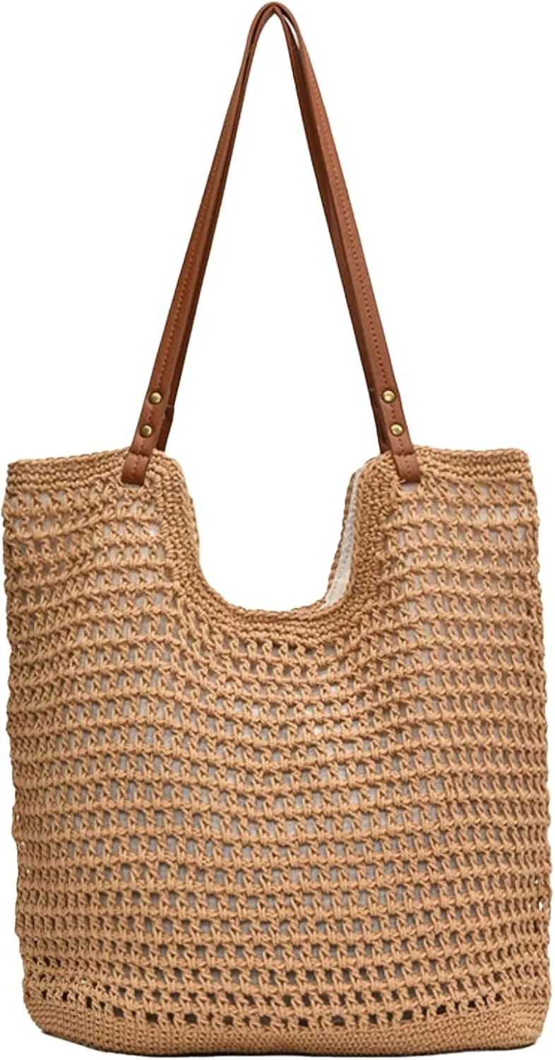 Beach Tote Bag Women Mesh Woven Crochet Lined 2024 Summer Knit Handbag PU Strap Zip Boho Travel Vacation