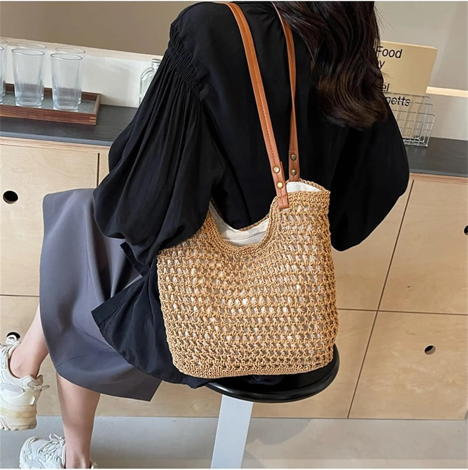 Beach Tote Bag Women Mesh Woven Crochet Lined 2024 Summer Knit Handbag PU Strap Zip Boho Travel Vacation