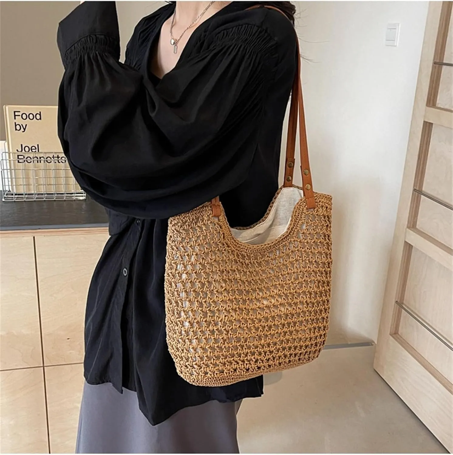 Beach Tote Bag Women Mesh Woven Crochet Lined 2024 Summer Knit Handbag PU Strap Zip Boho Travel Vacation